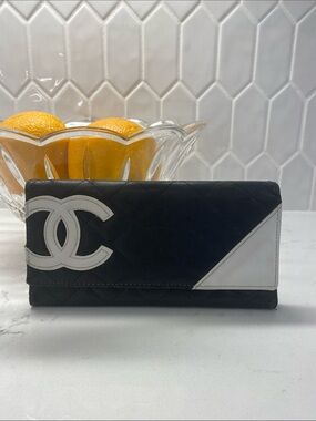 Chanel Cambon Line Long Wallet Black White Diamond Used Women Classic RARE ✨